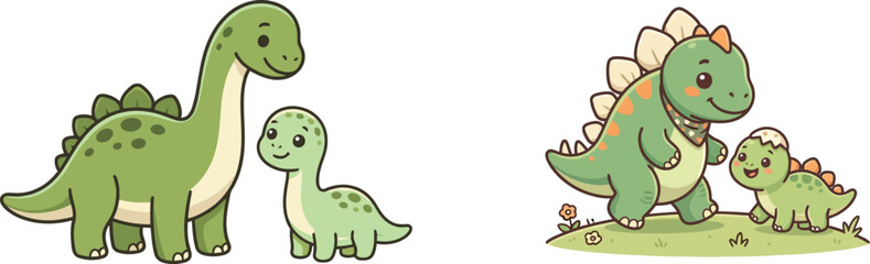 Cute dinosaur families illustration set brachiosaurus and stegosaurus with young © ALI ART