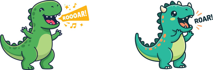 Fototapeta premium Cute cartoon dinosaurs roaring at each other