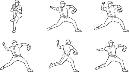 Fototapeta premium Baseball pitcher throwing motion sequence a detailed black and white line art illustration depicting the stages of a pitch perfect for sports training 