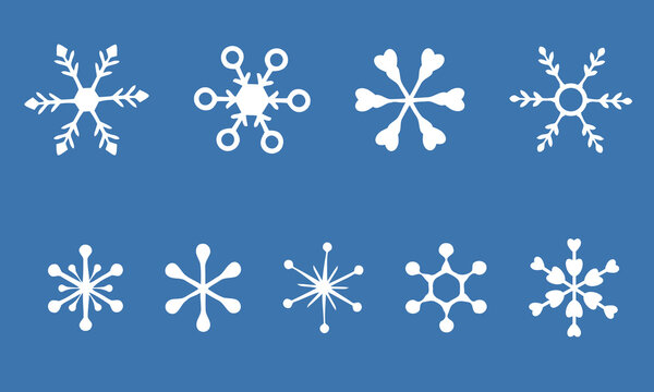 Minimal white snowflake icon collection with modern geometric winter designs, elegant Christmas and holiday vector symbols for seasonal decoration and graphic design.
