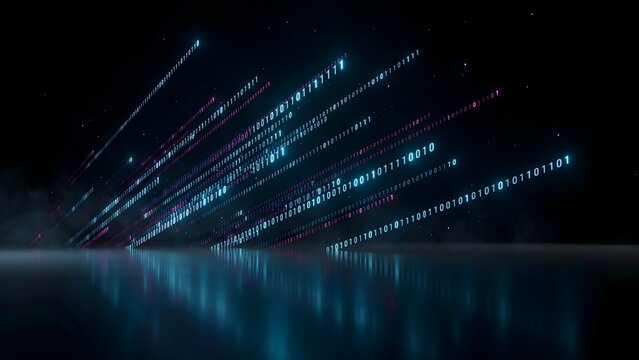 Cyan and magenta binary data on reflective floor &ndash; Suitable for data analytics dashboards, coding blogs, or information security.