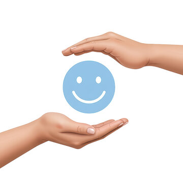 Two hands gently protecting a smiling face icon isolated on transparent background