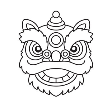 Chinese lion dance head line icon featuring a traditional festive lion mask, symbolizing prosperity, protection, good fortune and joyful Lunar New Year celebrations in clean outline vector style.