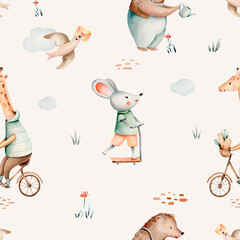 Obraz premium Hand-drawn seamless watercolor pattern with giraffe riding a bike and and mouse on scooter bird. Whimsical pastel design bear background for nursery in gentle pastel color. Children trendy wallpaper