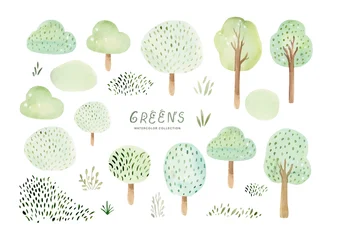 Set of watercolor green tree isolated on white background for landscape and architecture drawing, elements for kids map environment and nursary garden, botanical quirky illustration © kris_art