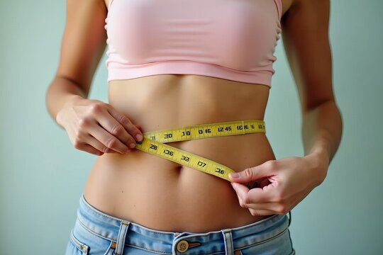 A detailed image of a woman measuring her stomach fat without a shirt, examining the complex issues of weight loss, body positivity, and wellness.