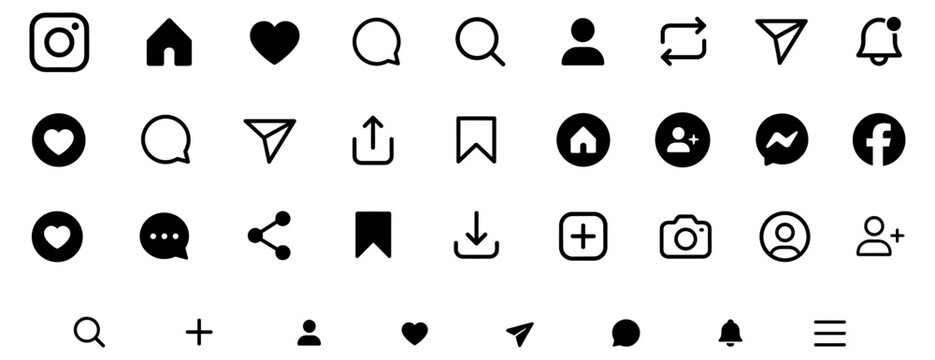 Updated Instagram app navigation icons with home, heart, comment, search, profile, repost, share, save, plus, camera and message symbols