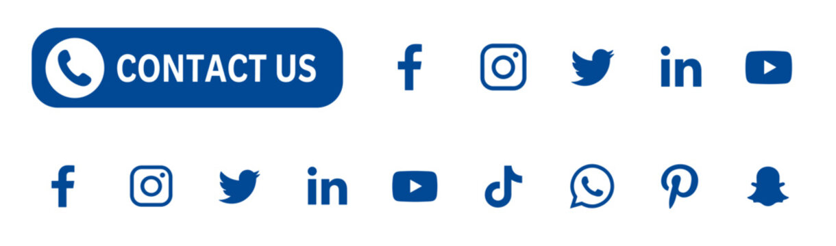 Contact us social media logo button set with white circle and square icons for popular network symbols, website address signs and communication profile links vector illustration