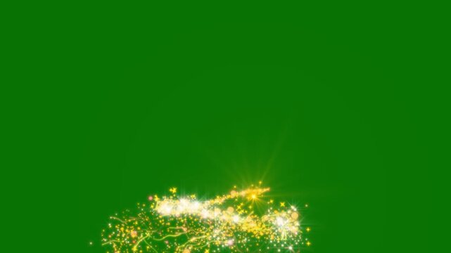 Golden light tail with sparkling comet trace, gold fairy dust glitter stars, magic twinkling shimmer line burst, luxury glitter particle transition overlay on green background, 4K video