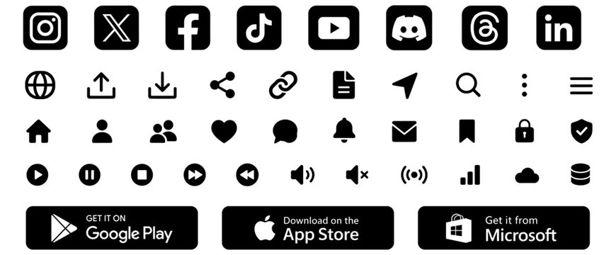 Social media platform logo icon set with Instagram X Facebook TikTok YouTube symbols plus Google Play App Store and Microsoft Store download buttons