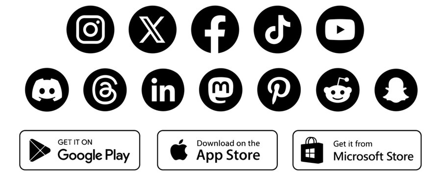 Modern social network logo icons collection with Instagram X Facebook TikTok YouTube signs and mobile app download store buttons vector illustration