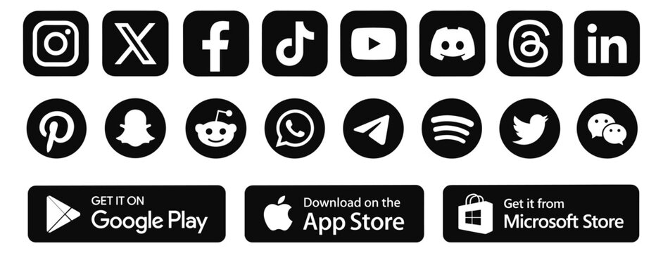 Popular social media logo icon pack with Instagram X Facebook TikTok YouTube badges and Google Apple Microsoft app download buttons