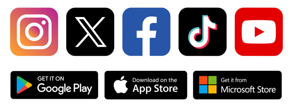 Social media platform logo icon set with Instagram X Facebook TikTok YouTube symbols and app store download buttons for mobile interface vector illustration