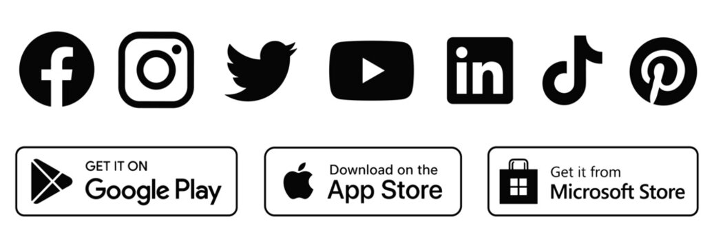Popular social media logo icon set with Google Play, App Store and Microsoft Store download buttons for mobile app, online network and digital platform vector