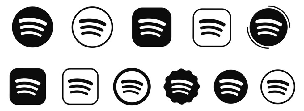 Spotify music logo button set with online music streaming app icons, mobile audio service symbols, player interface badges and flat vector design