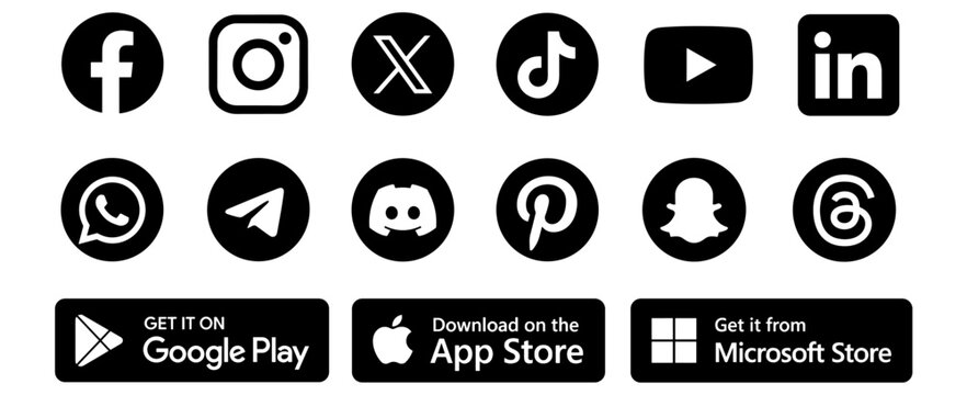 Popular social media logo icon set with Google Play, App Store and Microsoft Store download buttons, mobile app marketplace badges and flat vector symbols