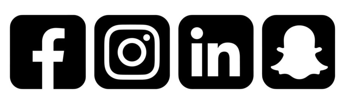 Black And White Social Media Logo Icon Set With Facebook Instagram Linkedin Snapchat Square Network Symbols Vector Illustration