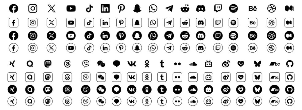 Social networking app symbols set with Facebook Instagram X YouTube WhatsApp LinkedIn Telegram Bluesky ChatGPT DeepSeek and Gemini icons