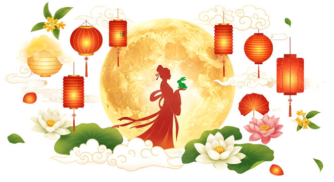 Chinese woman in traditional dress isolated on transparent background with moon and lanterns