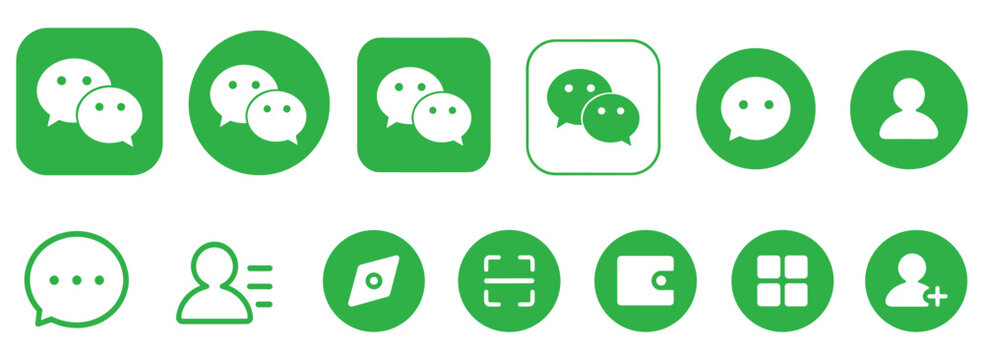 WeChat logo icon set vector, communication chat app symbols, social media messaging platform buttons and mobile interface collection editorial