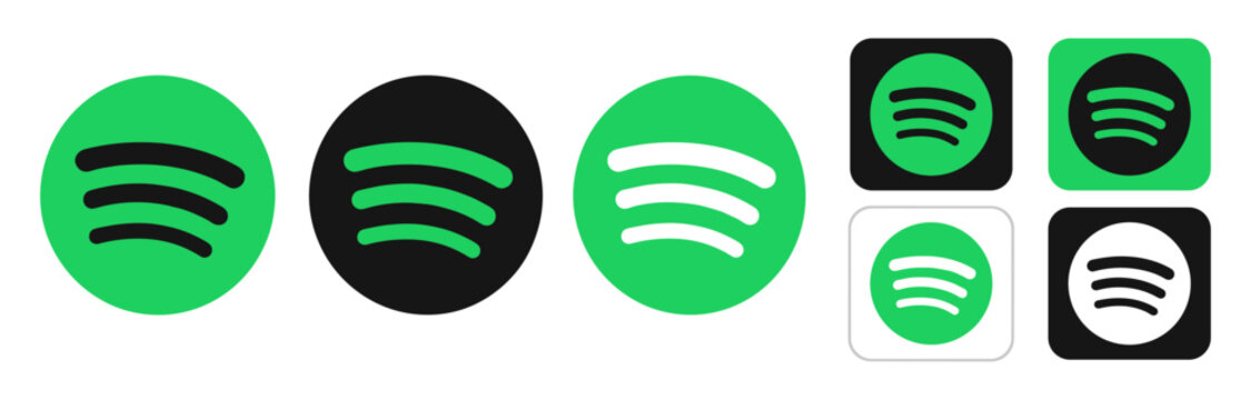 Spotify logo icon set for music streaming app branding, green social media buttons, playlist player symbols and flat vector illustration