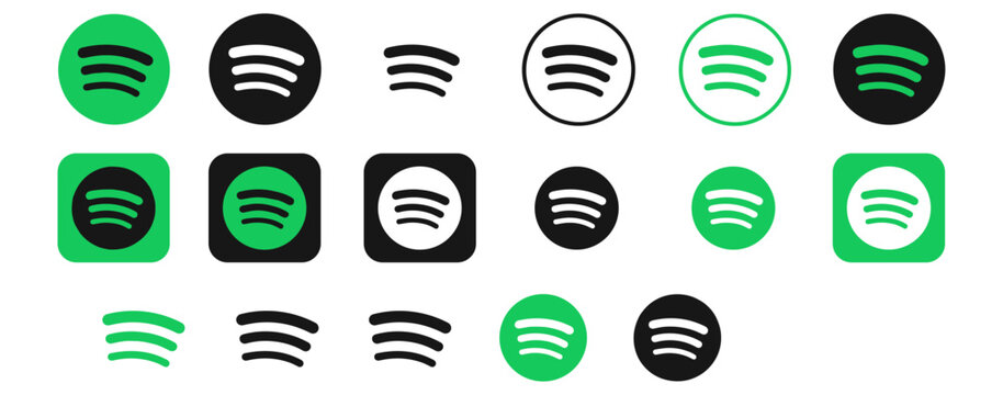 Spotify brand logo icon variations for online music streaming service, green media player app buttons and flat vector illustration