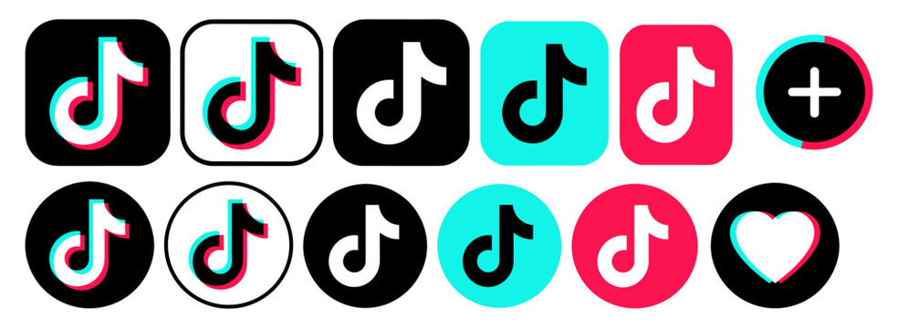 TikTok social media logo icon collection, round and square app button set, music platform network symbol pack, flat vector illustration