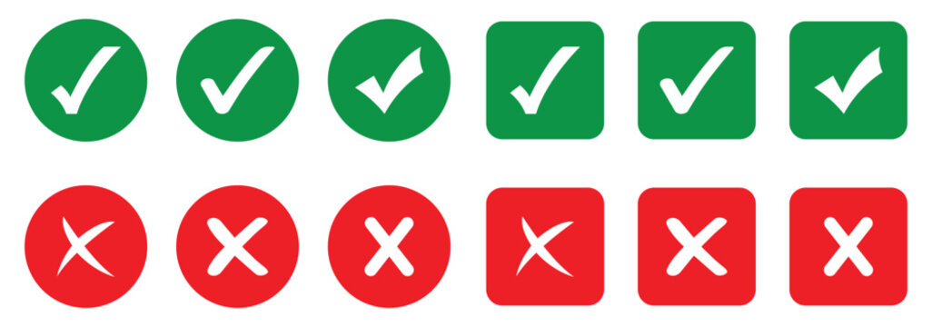 Green check mark, cross icon set with circular and square outline checkbox tick symbols, flat isolated vector . Check tick mark icon set. Cross box x check mark checkbox list vector. checklist symbol 