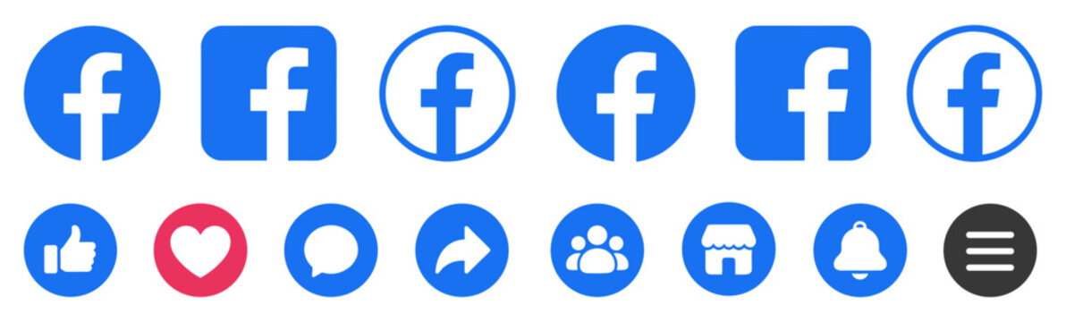 Facebook social media app logo icon set, round square network button collection, profile chat community symbol pack, vector illustration