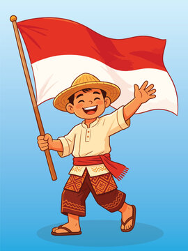 Boy Waving Indonesian Flag in Traditional Clothing Illustration