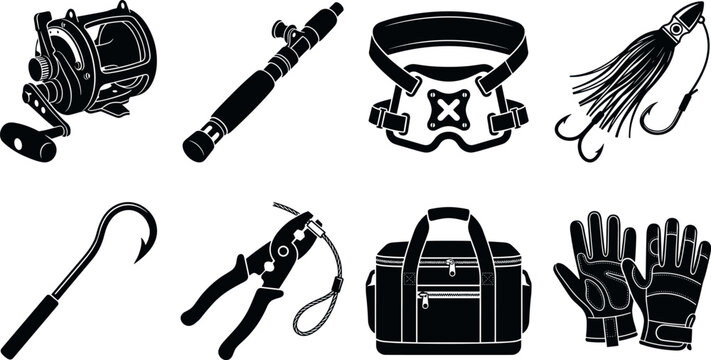 Deep Sea Big Game Fishing Tackle Black Silhouette Icon Set with Reel, Lure, and Gaff Tools