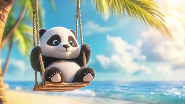 Baby panda swinging on a tropical beach swing. Cute cartoon animal summer holiday scene. Adorable character enjoying paradise island ocean and palm tree sun.