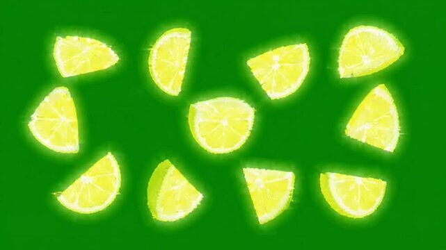 Glitch lemon slices pattern background, retro digital distorted citrus fruit animation, vibrant neon green aesthetic motion