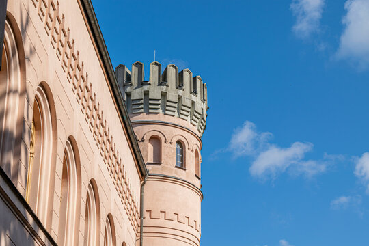 Architectural detail of the neogothic tower and decorated facade