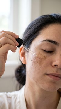 Asian Woman with Melasma Apply Serum with Black Dropper in Close-Up for Hyperpigmentation Skincare Treatment