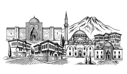 Obraz premium Aksaray Turkey Landmark Skyline Hand Drawn Sketch Vector Illustration with Historic Architecture Isolated on White Background