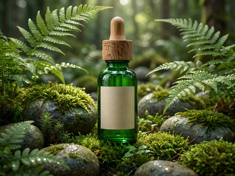 Green dropper bottle with wooden cap and blank label surrounded by moss and ferns.