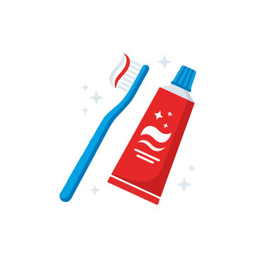 Flat vector illustration of toothbrush and toothpaste tube for oral hygiene and dental care