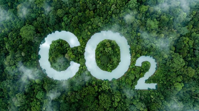 CO2 formed by clouds over a lush green forest for the concept of environmental pollution and carbon footprint.