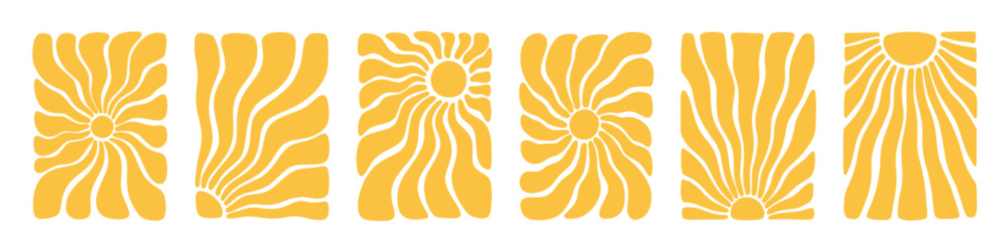 Summer sun ray groovy hand drawn abstract background. Retro boho sun beam ocean coastal doodle poster. Sunshine funky pattern. Wavy sunburst radial psychedelic 70s hippie style geometric shape texture