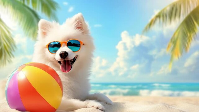 White dog wearing sunglasses and smiling lying on a sunny beach with a colorful ball relaxed in the sand concept of summer vacation and pet friendly travel