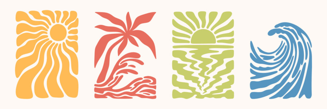 Set of summer Caribbean, Hawaiian coastal hand drawn boho style groovy surf posters. Mediterranean doodle quirky background. Psychedelic hippie sun ray. Organic irregular shape palm tree