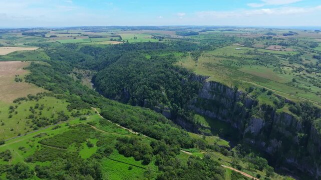 Panning aerial shot of Cheddar Gorge in Somerset, UK