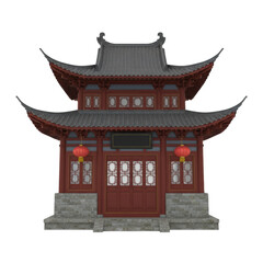 Fototapeta premium Traditional chinese pagoda facade with dark grey tiled roofs, ornate red wooden pillars, lattice windows, and glowing silk lanterns against white, serene elegance