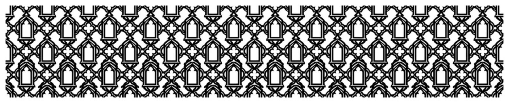 Islamic geometric lattice with traditional mihrab arch shapes in arabesque ornament style