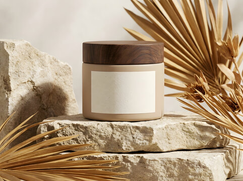 Cosmetic cream jar on rock pedestal with dried palm leaves in north america setting.