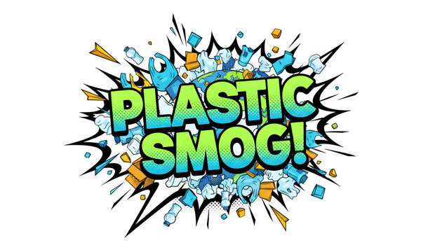 Plastic smog typography with debris illustration environmental pollution concept isolated on transparent background