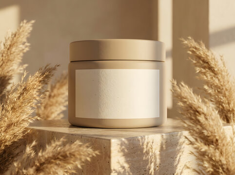 Minimalist beige jar on stone pedestal with dry pampas grass found in north america sun.