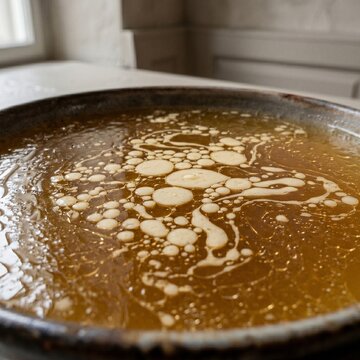 Ultra-macro of Tafelspitz broth surface with floating cream fat droplets forming organic patterns, warm gold liquid food photography