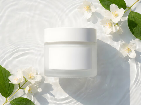 Top view cosmetic container in rippling water with white petals from north america park.